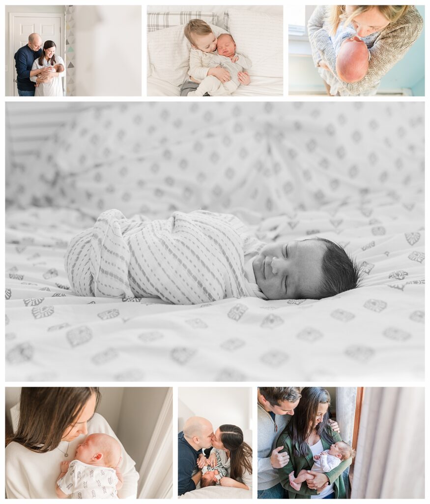 collage of in home newborn photos in Massachusetts