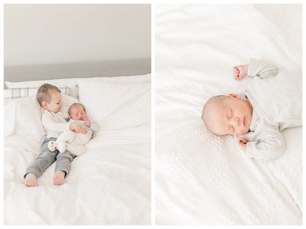sibling photo and baby sleeping on bed Natick photo 