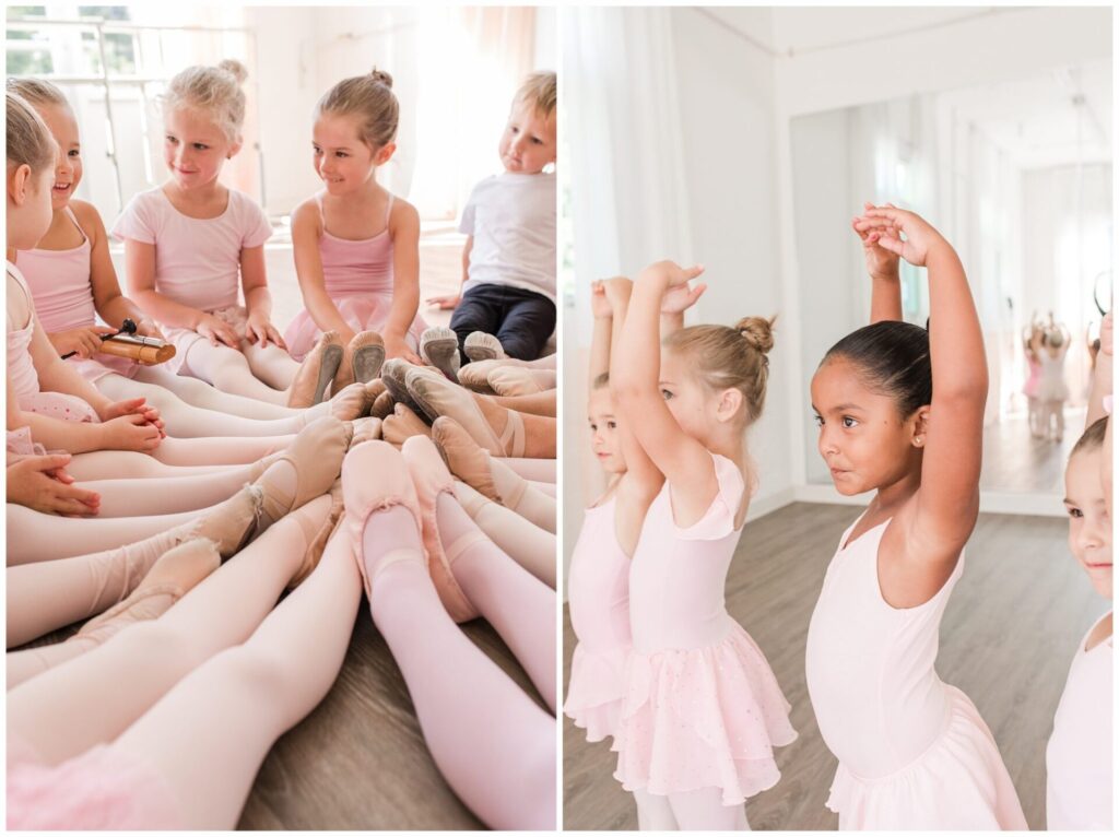 Dance class sits in circle with feet together and girls dance with arm over head, Natick MA