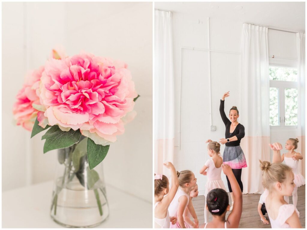 Gina, owner of DanceFIT leads dance class in Natick and pink flowers