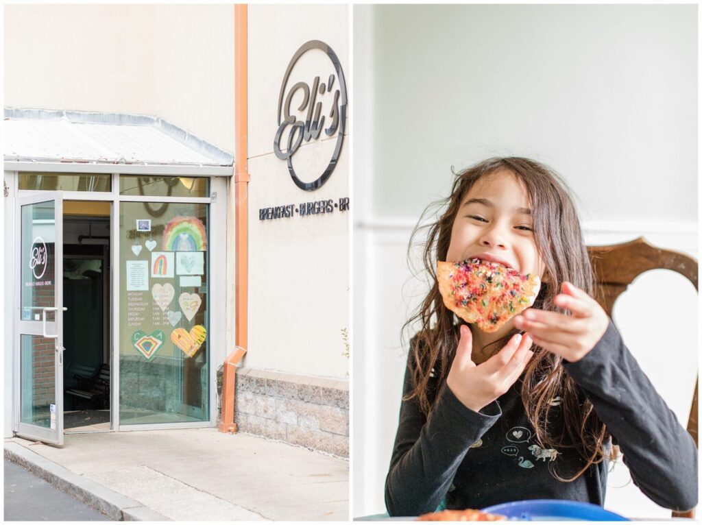 Eli's Restaurant Natick MA front entrance and girl eating pancake photo