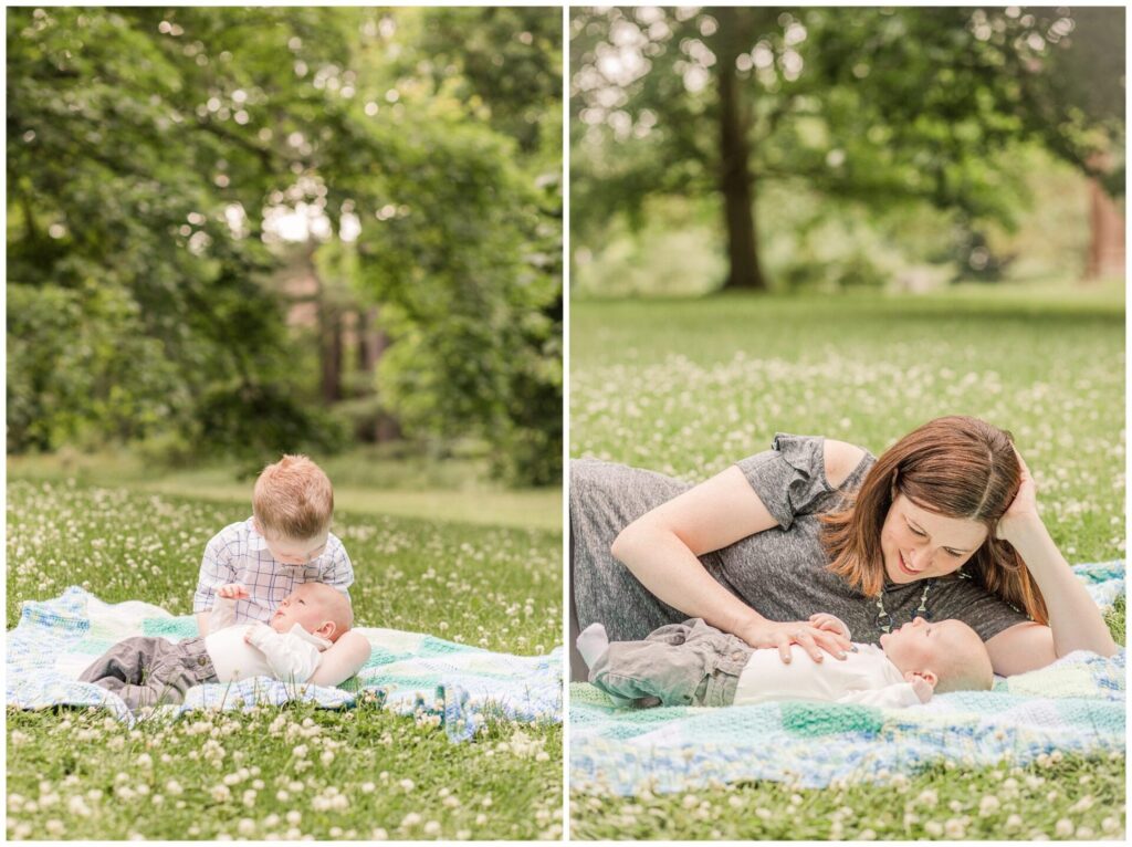 sibling photo and photo of mom laying on blanket outside with baby for newborn photo session Wellesley Massachusetts