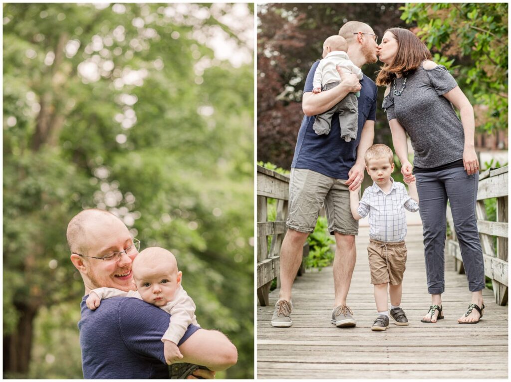 dad holds newborn and parent kiss while walking holding sons hand for family photos Wellesely Massachusetts