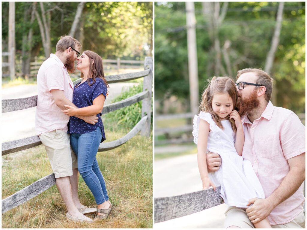 man and woman kiss by fence and dad kisses daughter by fence for photo in Sherborn MA