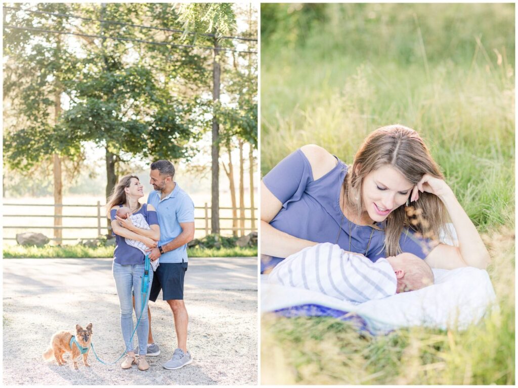 family stands with baby and dog during photo session