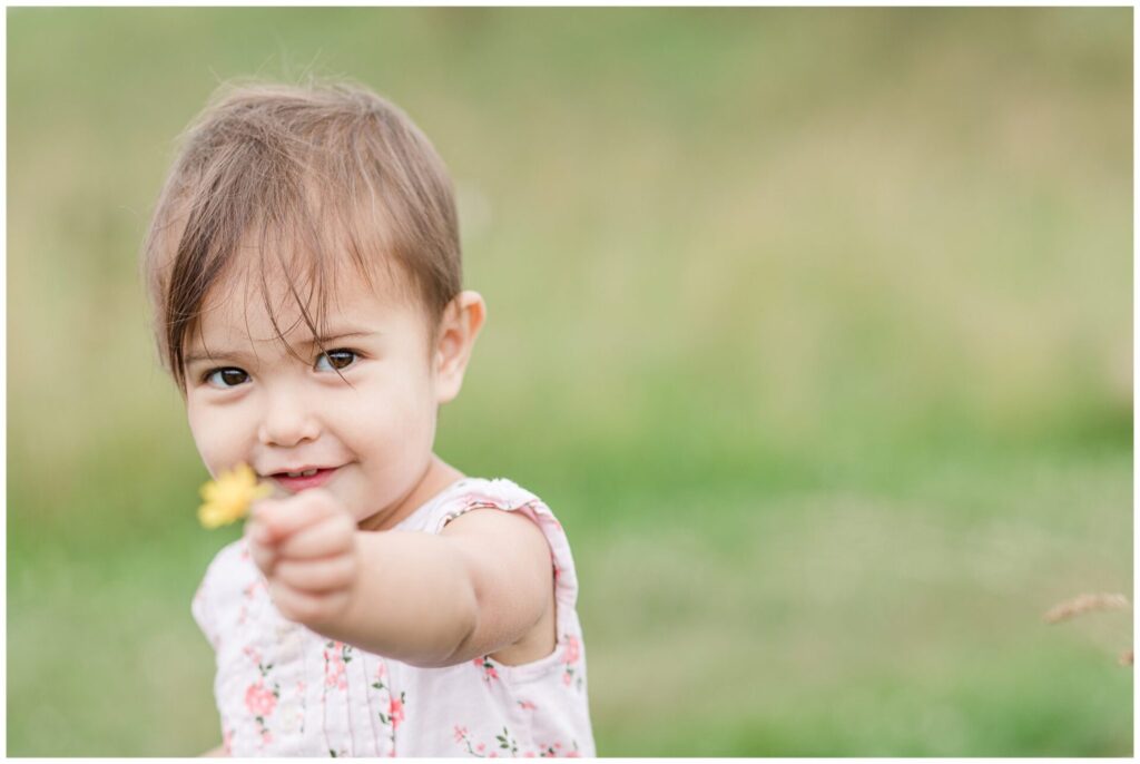 toddler holds flower towards camera for birthday photo