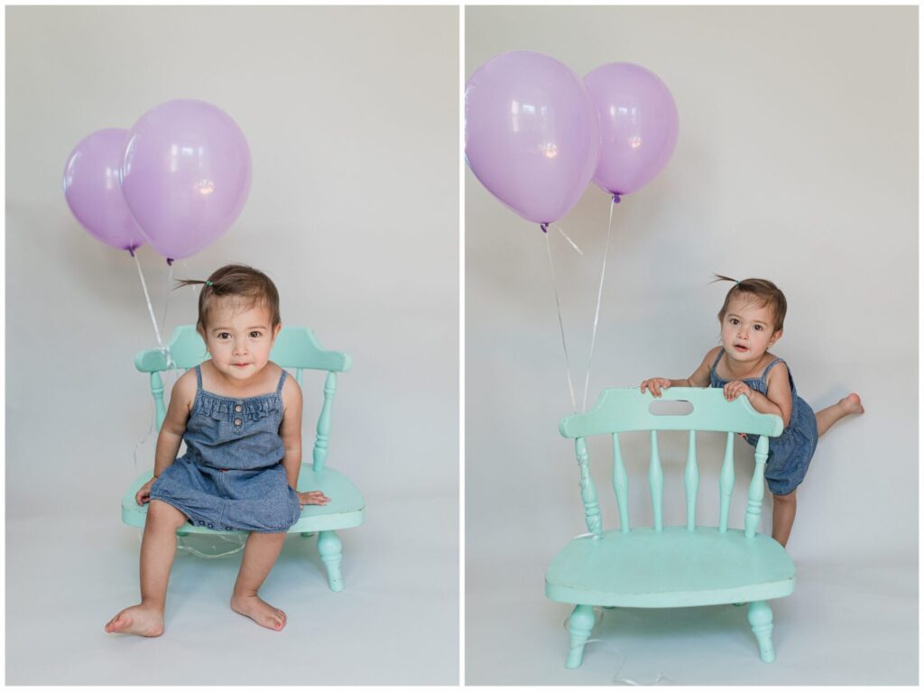 two year old birthday photos with balloons and green chair