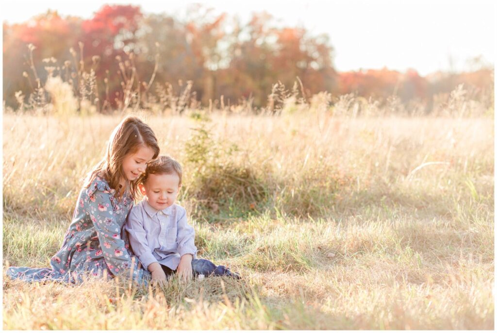 Brother and sister sit in field playing with grass during family photo session in Wayland Massachusetts