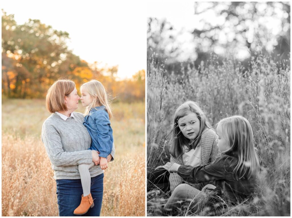 mom holds daughter and black and white photos of sister sitting in field together in Natick Massachusetts