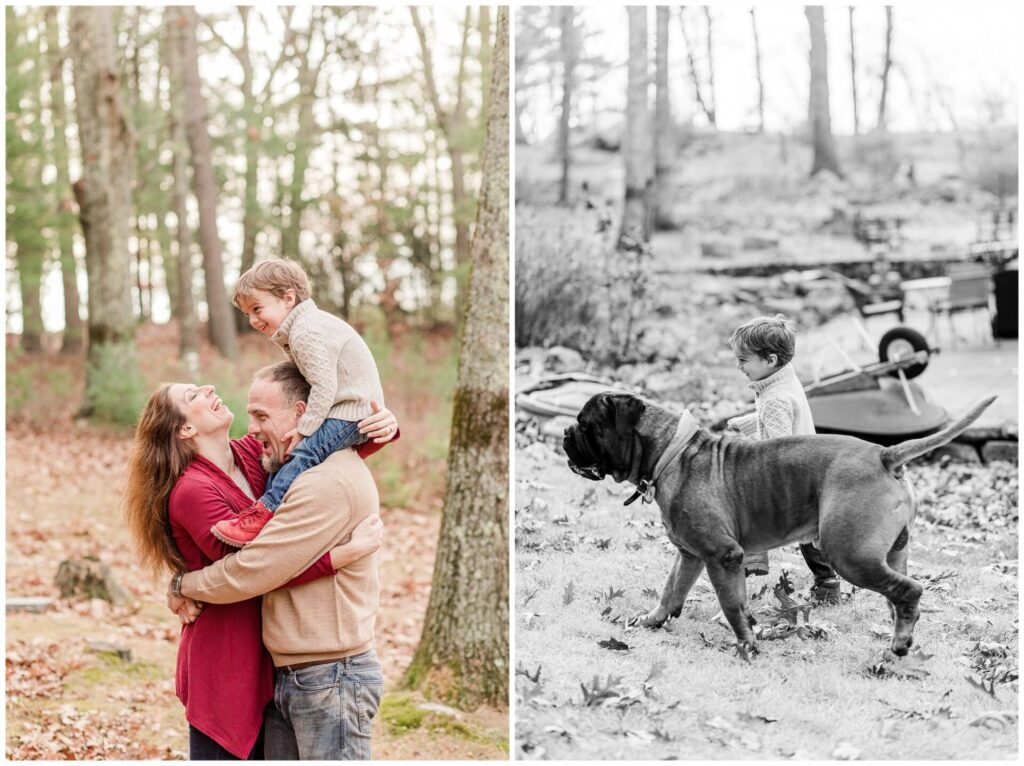 photo of family hug and black and white photo of boy with his big dog in Sherborn Massachusetts