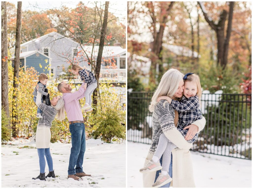 Mom snuggles daughter during snowy Natick Massachusetts family photo session. 