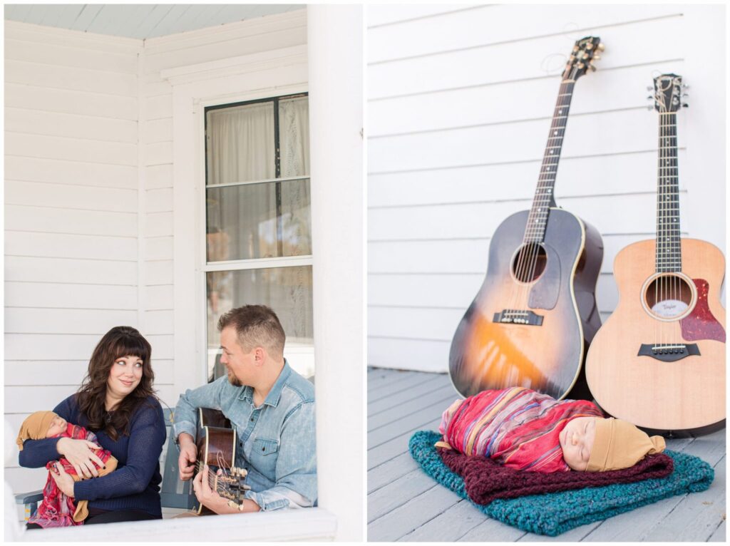 Dad plays guitar to mom and baby and baby sleeps in front of guitars during porch photo session in Natick Massachusetts