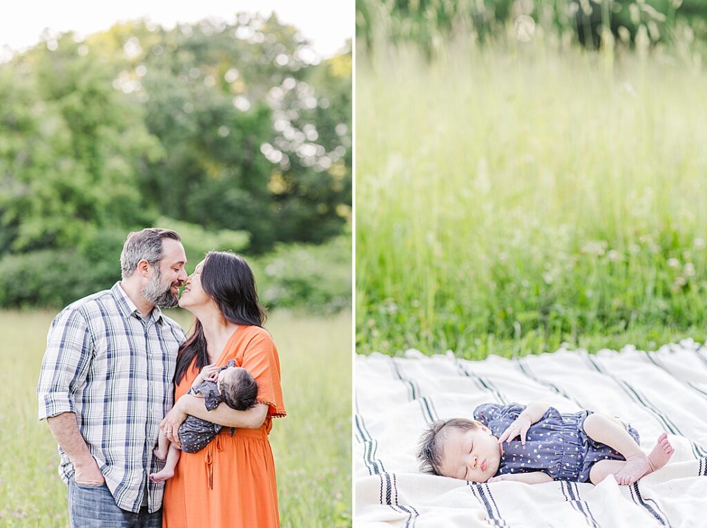 Parents kiss while holding newborn and newborn sleeps on blanket during outdoor photo session with Sara Sniderman Photography at Heard Farm, Wayland Massachusetts