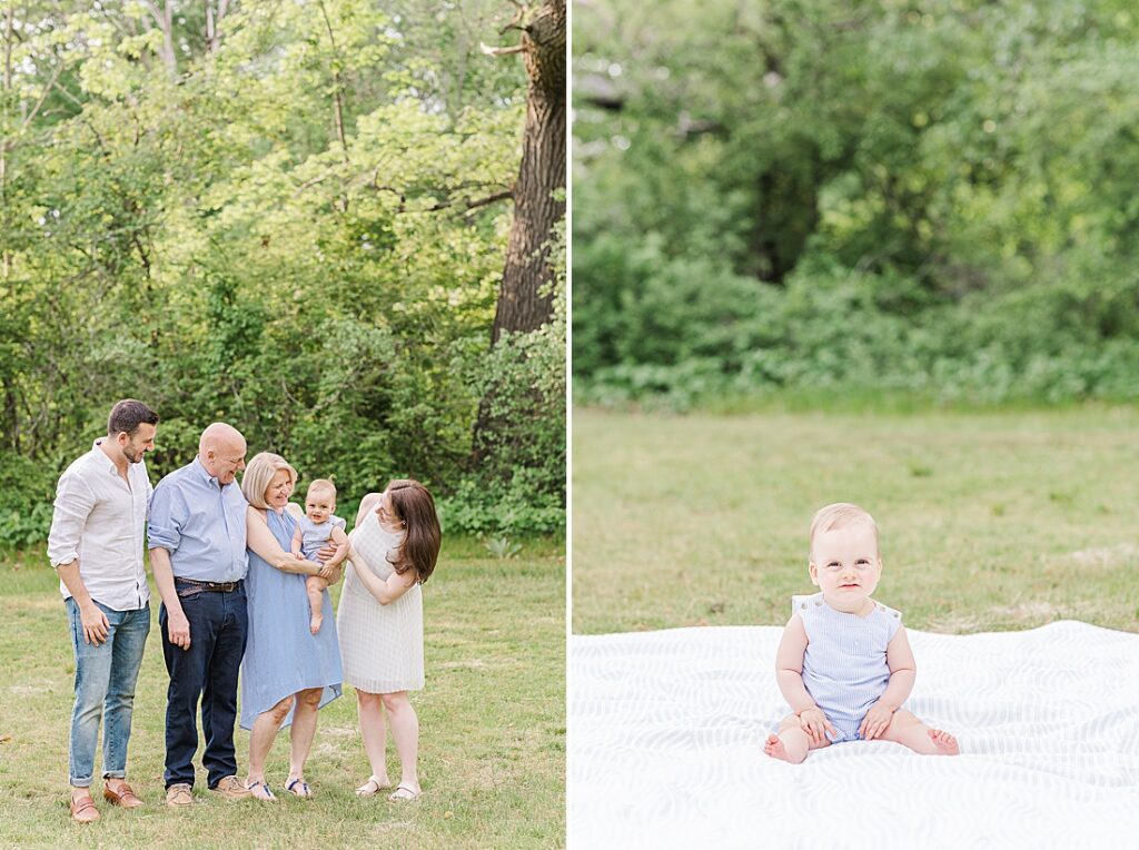 family smiles at baby and baby sitts on blanket during extended family photo session at Elm Bank, Wellesley Massachusetts with Sara Sniderman Photography
