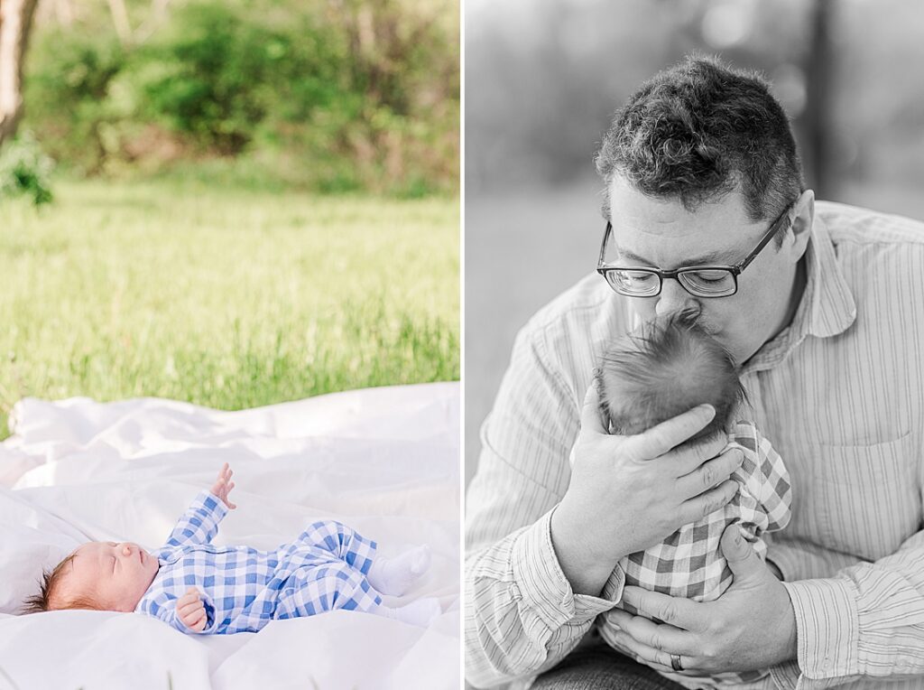 newborn lays on blanket and back and white photo of dad kissing baby during outdoor newborn photo session at Heard Farm, Wayland Massachusetts with Sara Sniderman Photography. 