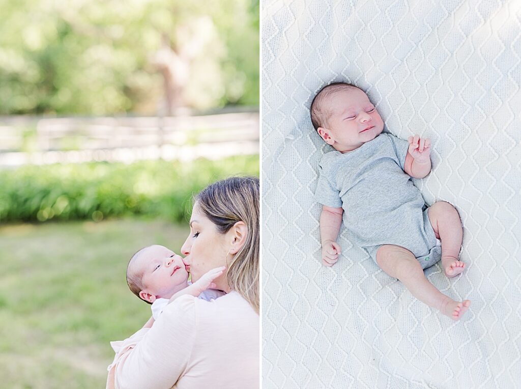Mom kisses newborn and baby sleeps on blanket during outdoor newborn photo session with Sara Sniderman Photography at Barber Reservation, Sherborn Massachusetts. 