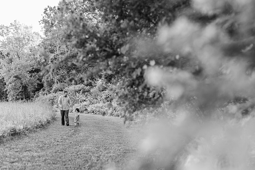 black and white of dad holding toddlers hand walking in field during outdoor newborn photo session with Sara Sniderman Photography at Heard Farm, Wayland Massachusetts