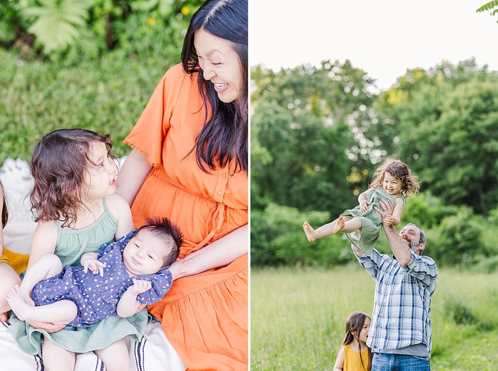 toddler holds baby with help of mom and dad throws toddler in the air during outdoor newborn photo session with Sara Sniderman Photography at Heard Farm, Wayland Massachusetts