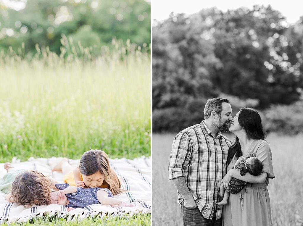 sisters kiss baby on blanket and black and white of parents kissing holding newborn during outdoor newborn photo session with Sara Sniderman Photography at Heard Farm, Wayland Massachusetts