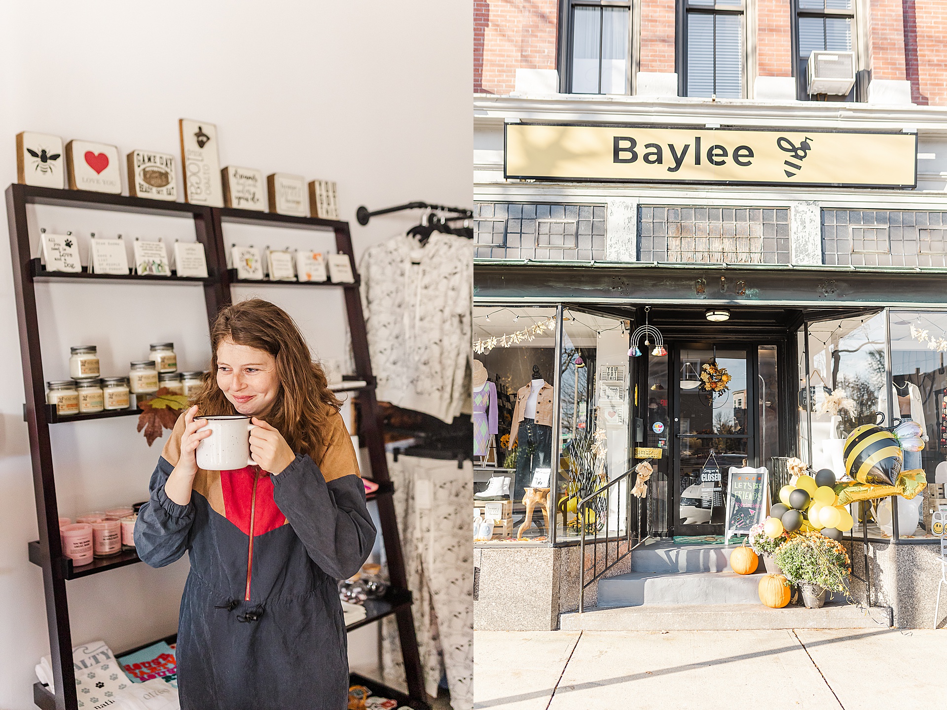 Baylee of Baylee Bee drinking coffee and front of Baylee Bee store in Natick Massachusetts