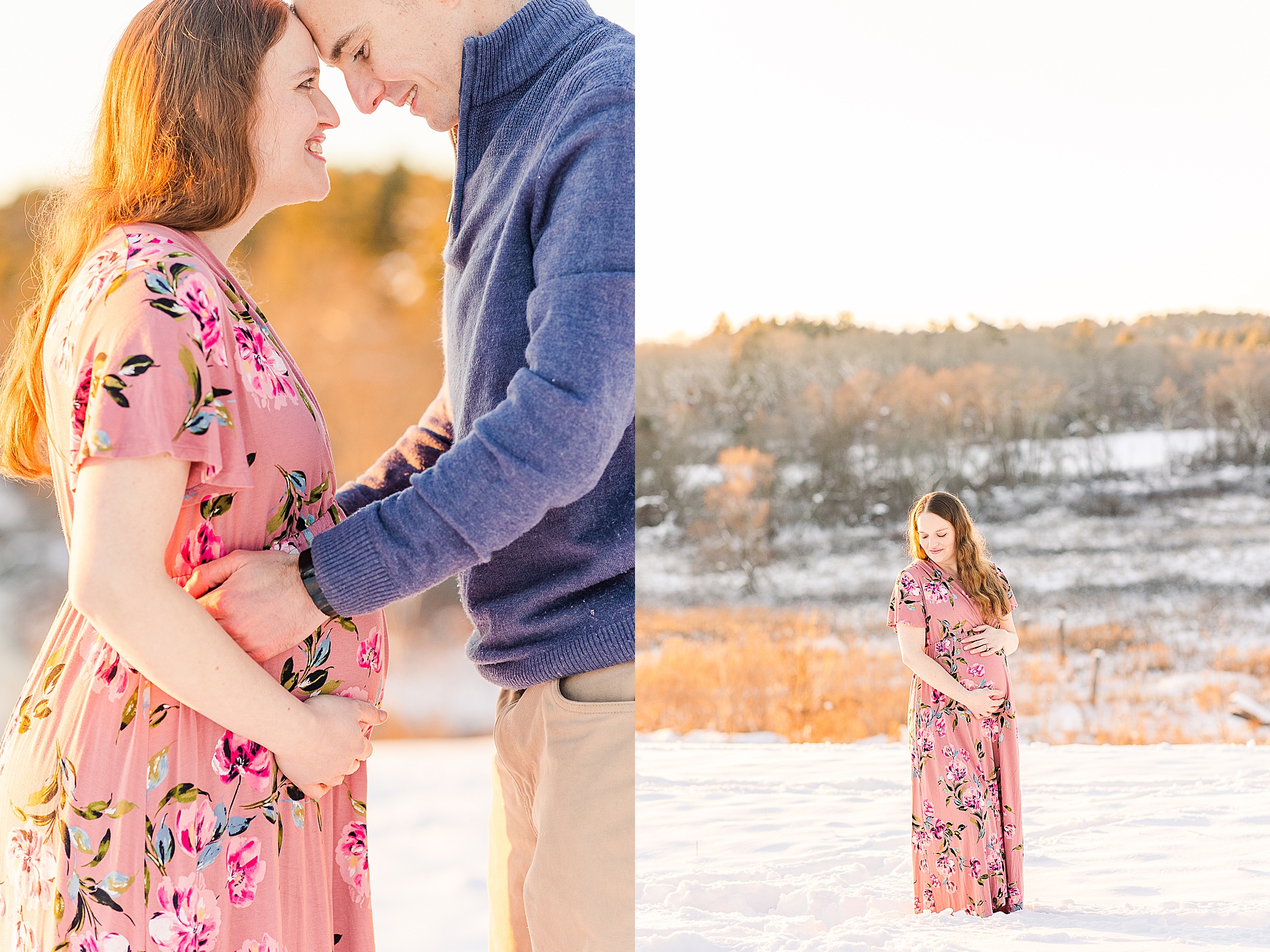 couple touches heads and holds baby bump during snowy maternity session with Sara Sniderman Photography at Medfield State Hospital Grounds