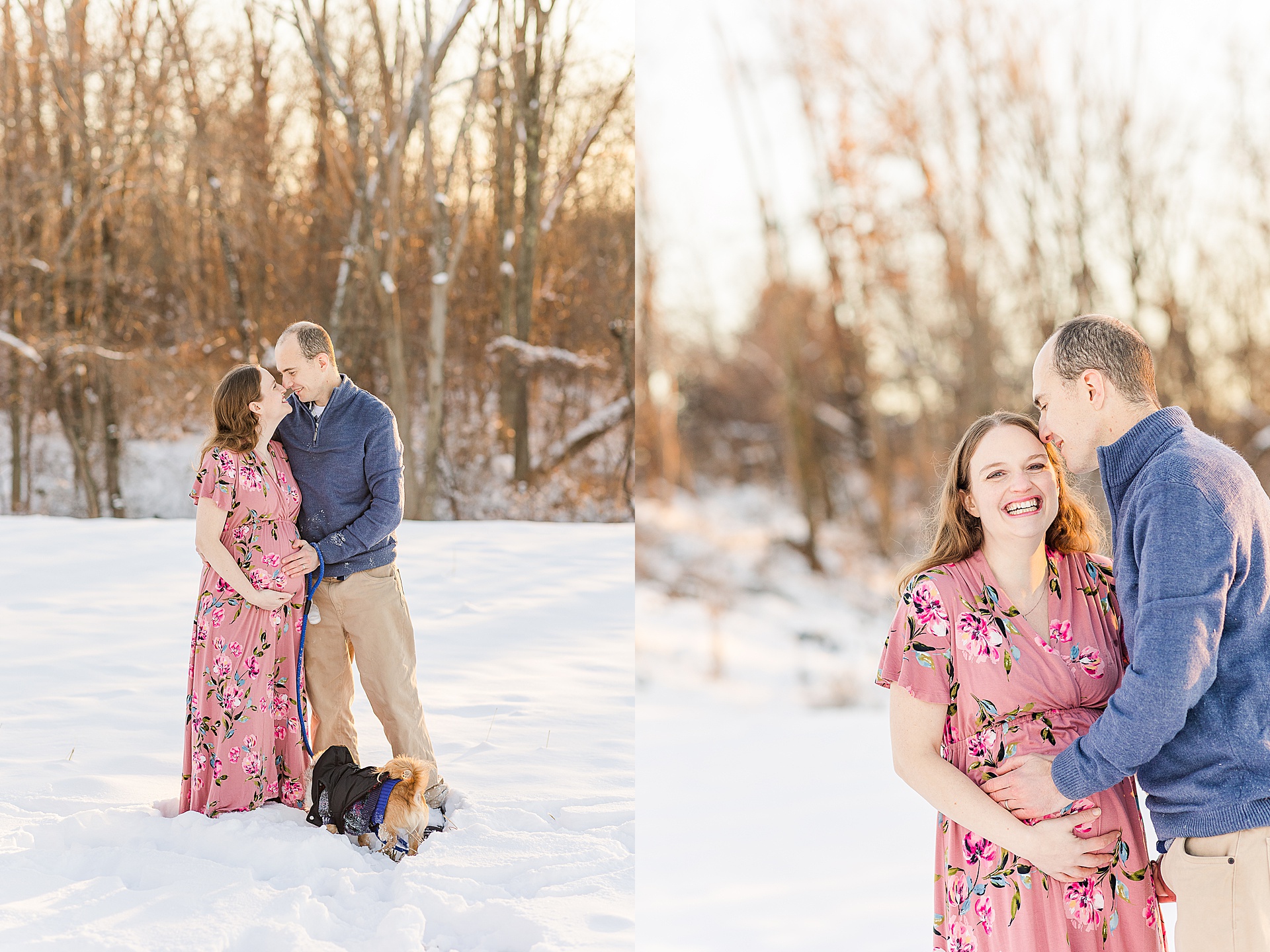 couple touches noses and laughs during snowy maternity session with Sara Sniderman Photography at Medfield State Hospital Grounds