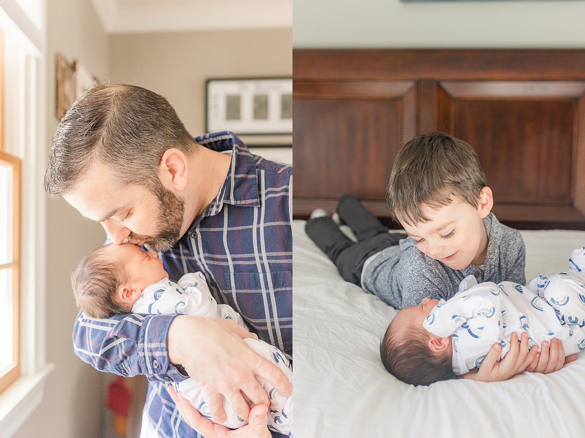 Dad and big brother hold baby during in home newborn photo session with Sara Sniderman Photography in Framingham Massachusetts