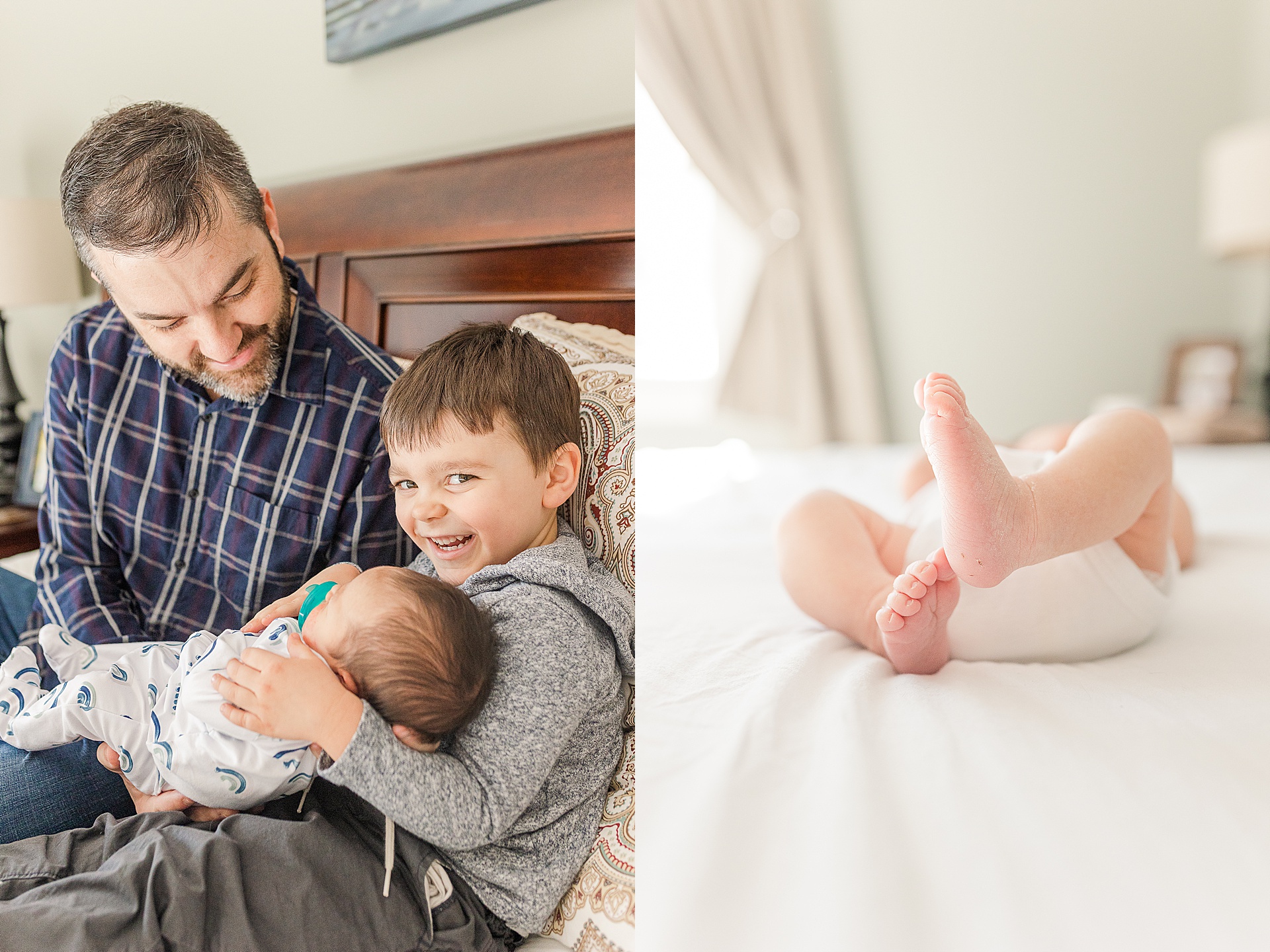 Big brother holds baby and baby feet during in home newborn photo session with Sara Sniderman Photography in Framingham Massachusetts