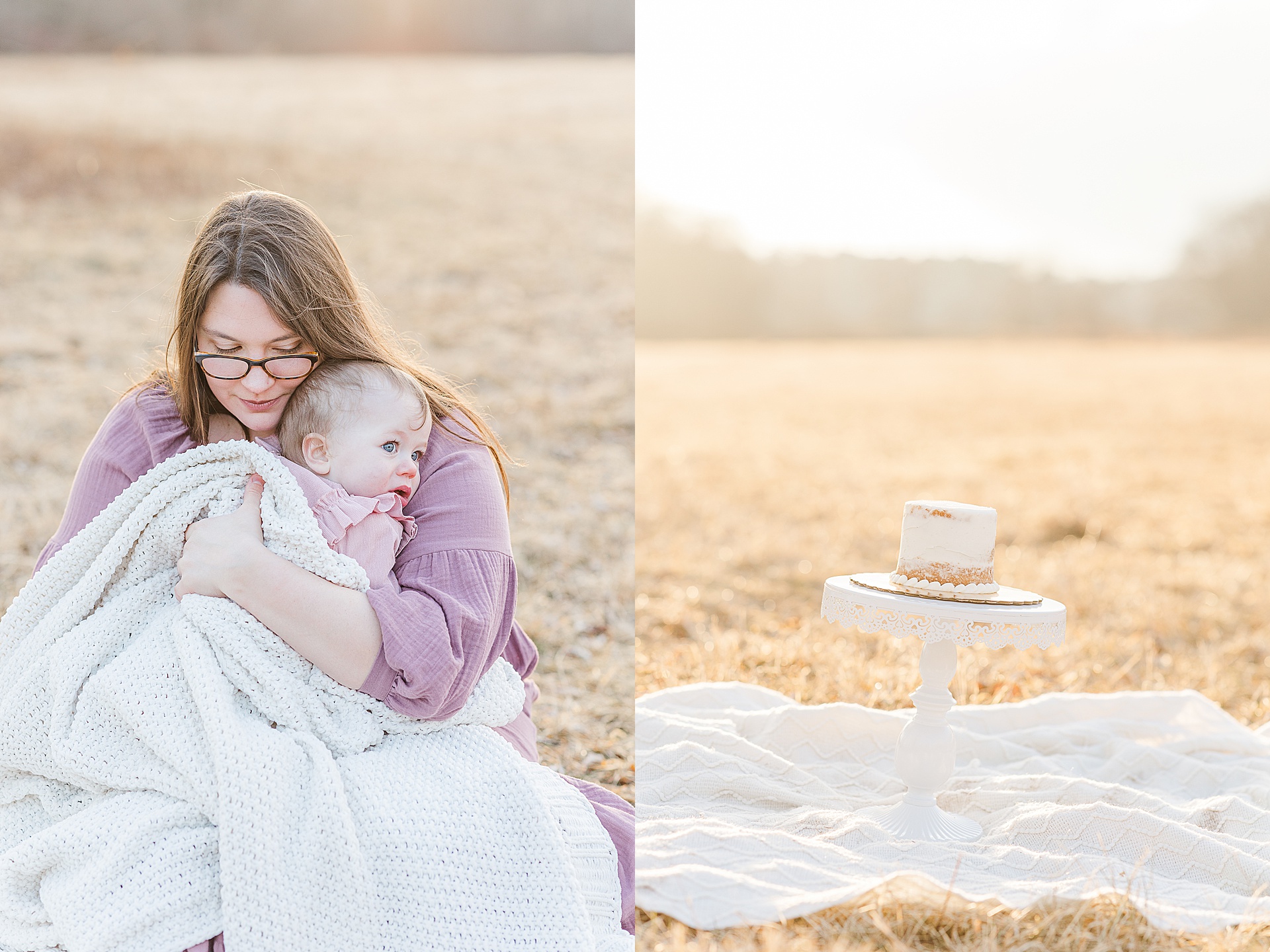 Mom snuggles baby and cake on stand in field during first birthday cake smash photo session with Sara Sniderman Photography at Cow Common, Wayland Massachusetts