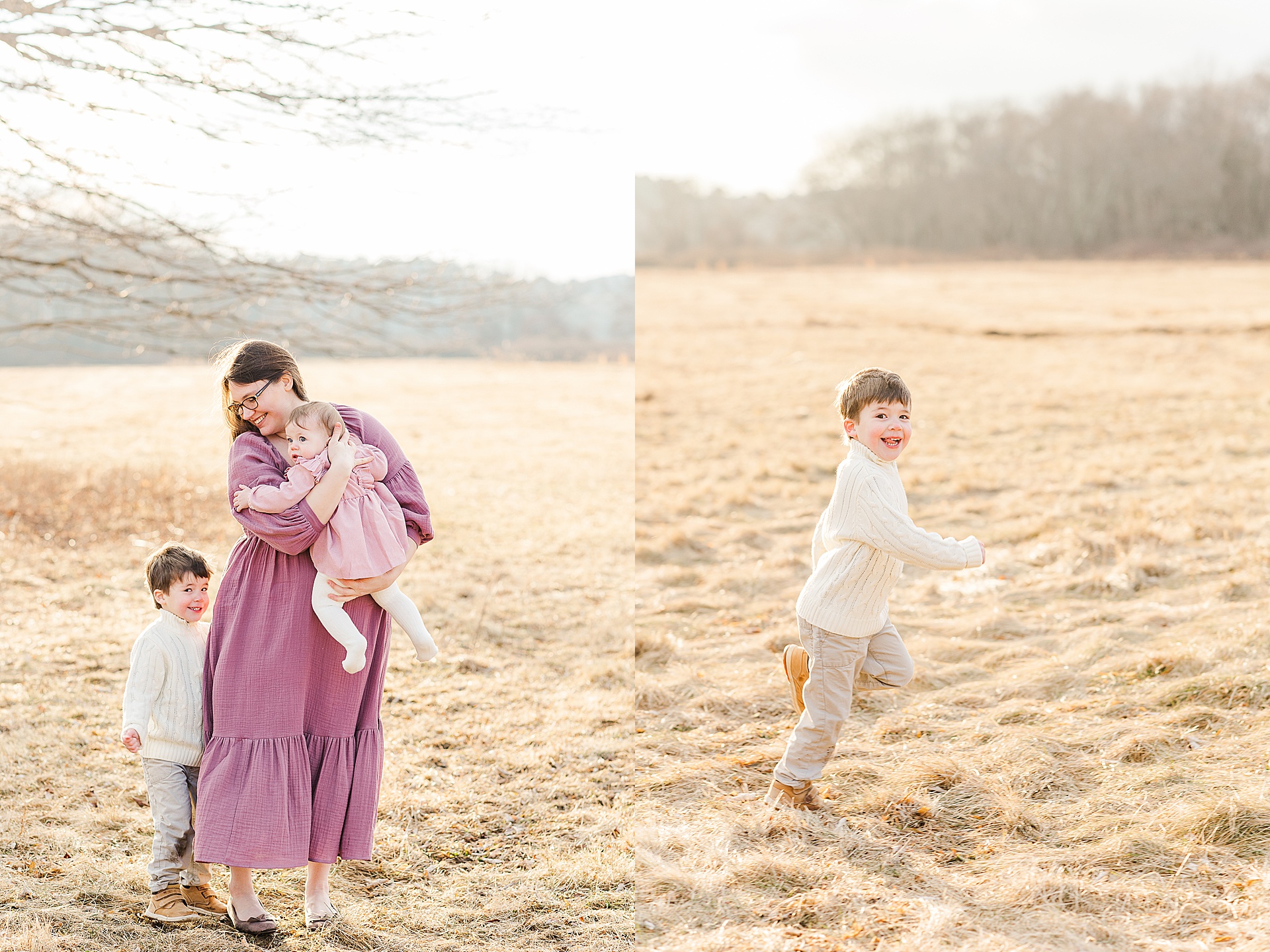 Mom stands in field with two children during first birthday cake smash photo session with Sara Sniderman Photography at Cow Common, Wayland Massachusetts