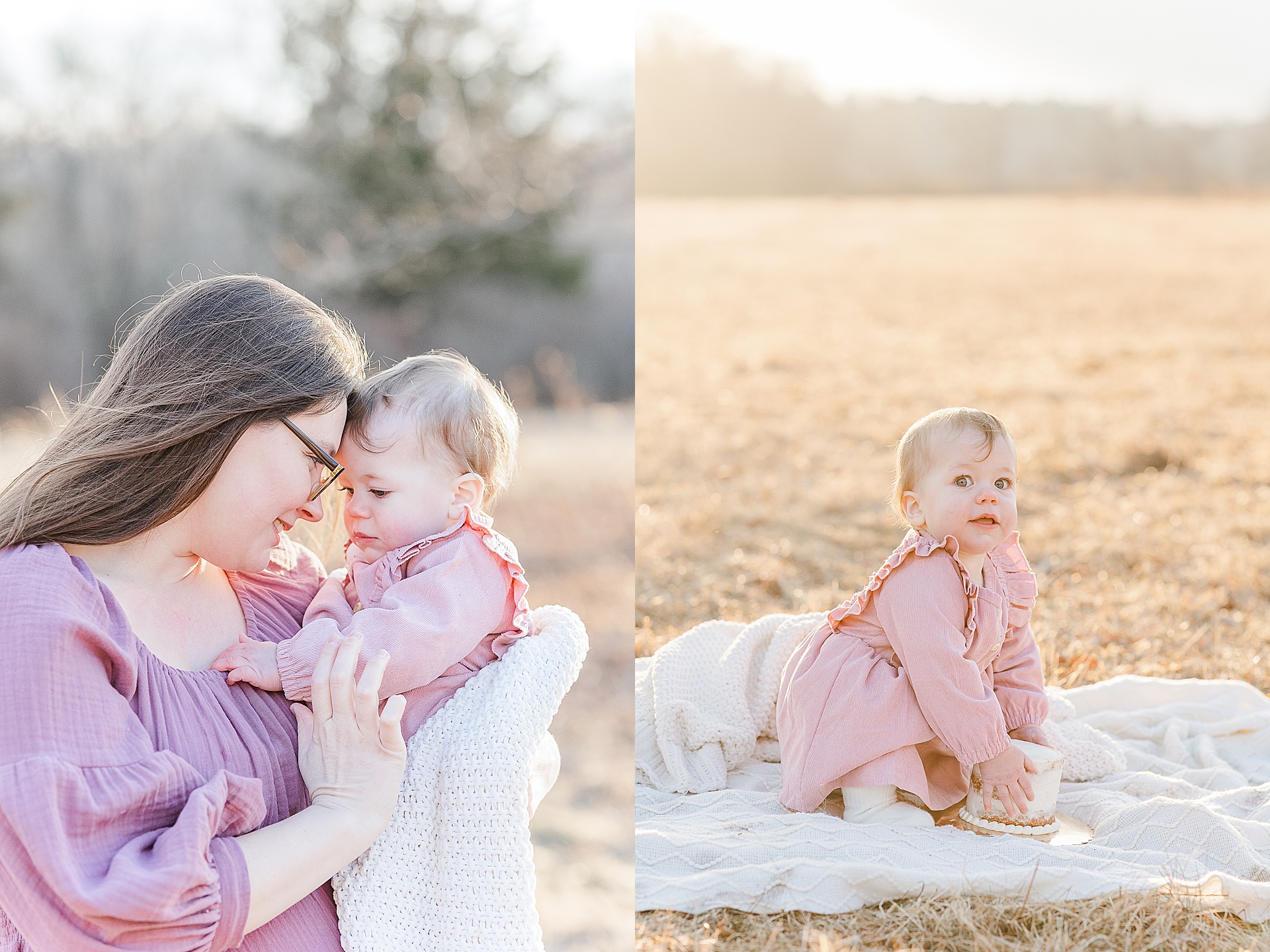 mom snuggles baby and baby sits on blanket with cake during first birthday cake smash photo session with Sara Sniderman Photography at Cow Common, Wayland Massachusetts