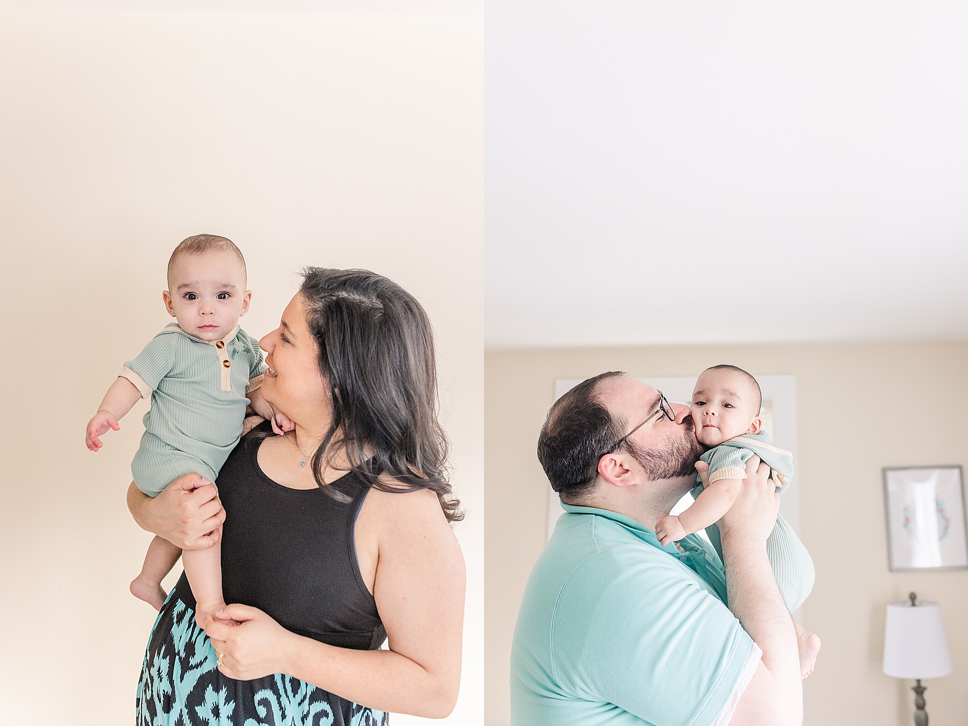 parents hold baby during in home photo session with Sara Sniderman Photography in Natick Massachusetts