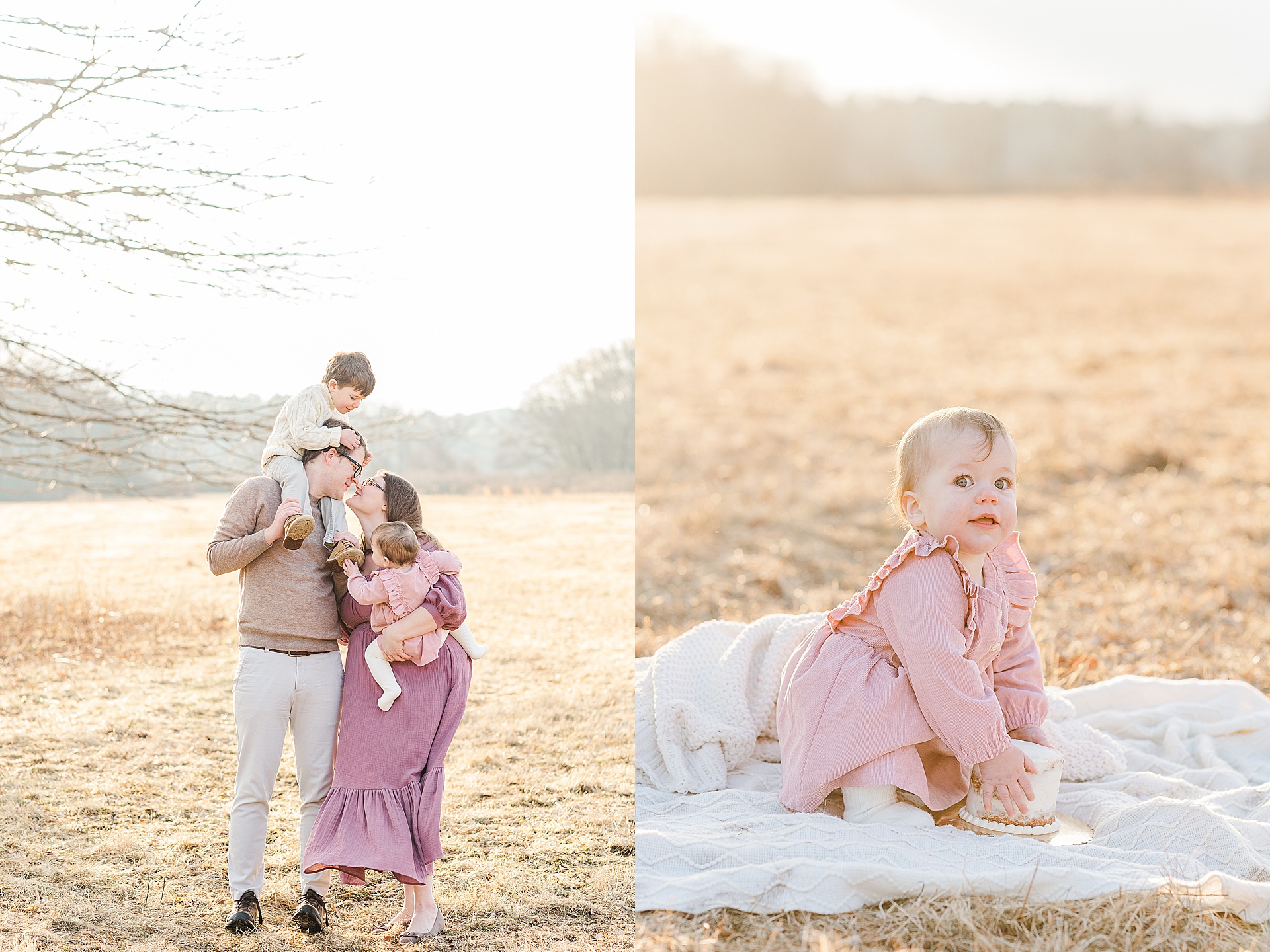 family snuggles and baby smashes cake during photo session with Sara Sniderman Photography at Cow Common, Wayland Massachusetts