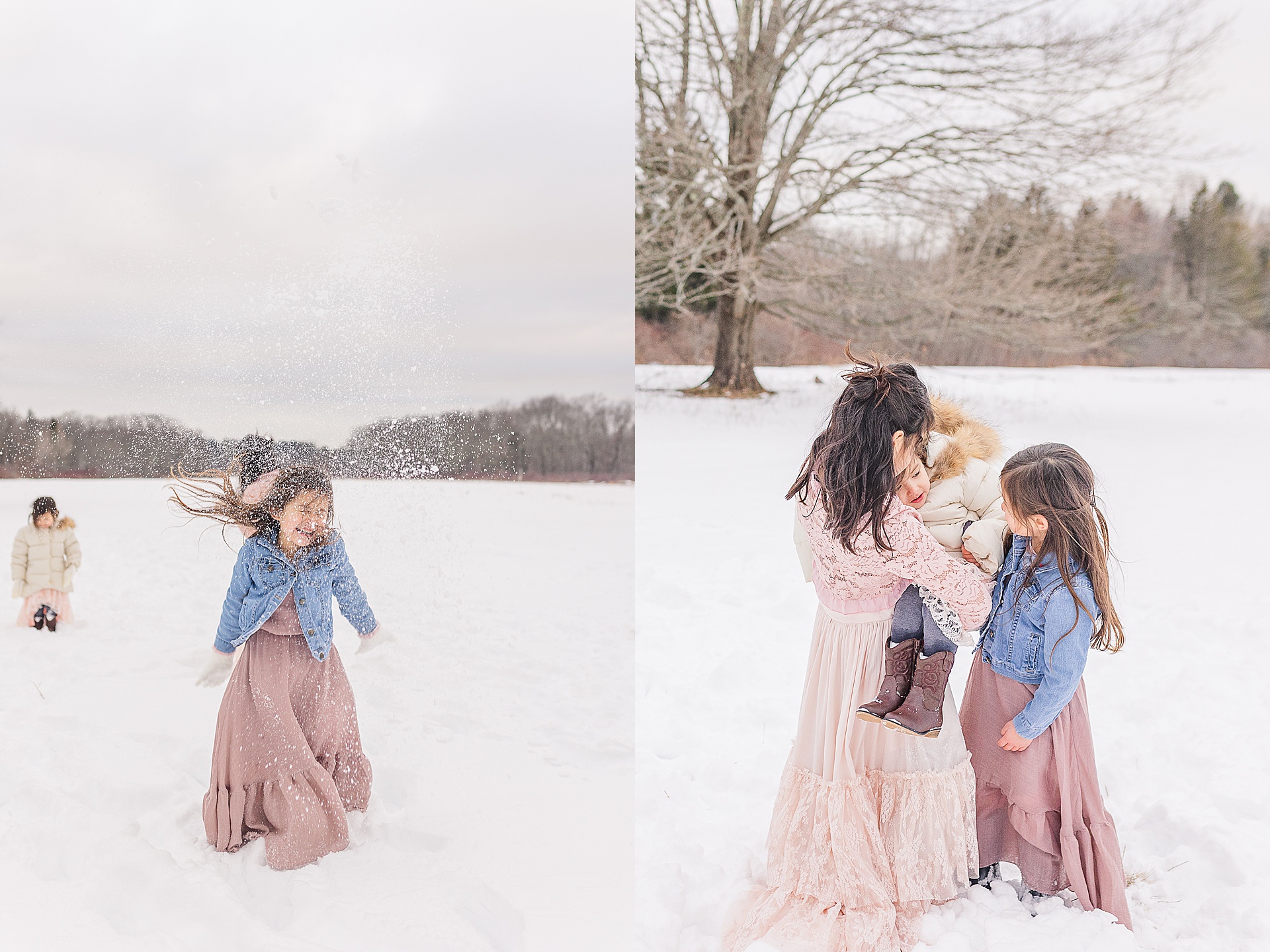sisters play in the snow during photo session with Sara Sniderman Photography at Cow Common, Wayland Massachusetts