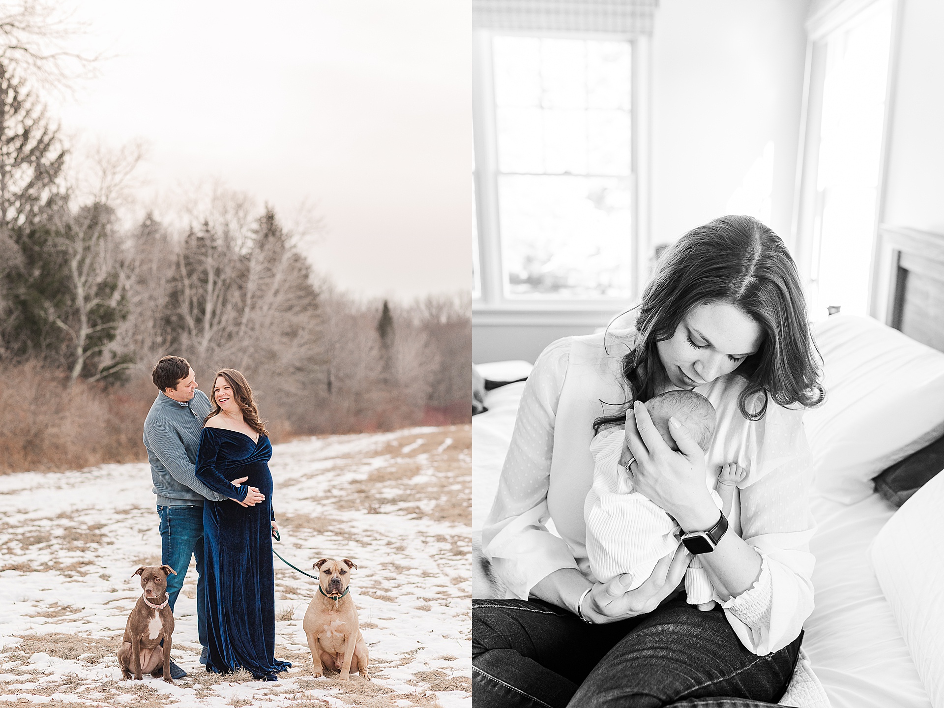 Winter maternity session with Sara Sniderman Photography at Cow Common, Wayland Massachusetts and newborn session in Sudbury MA