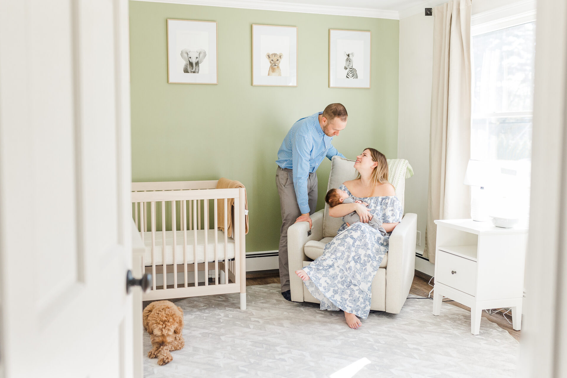 wide view of nursery during in home newborn photo session with Sara Sniderman Photography in Natick Massachusetts
