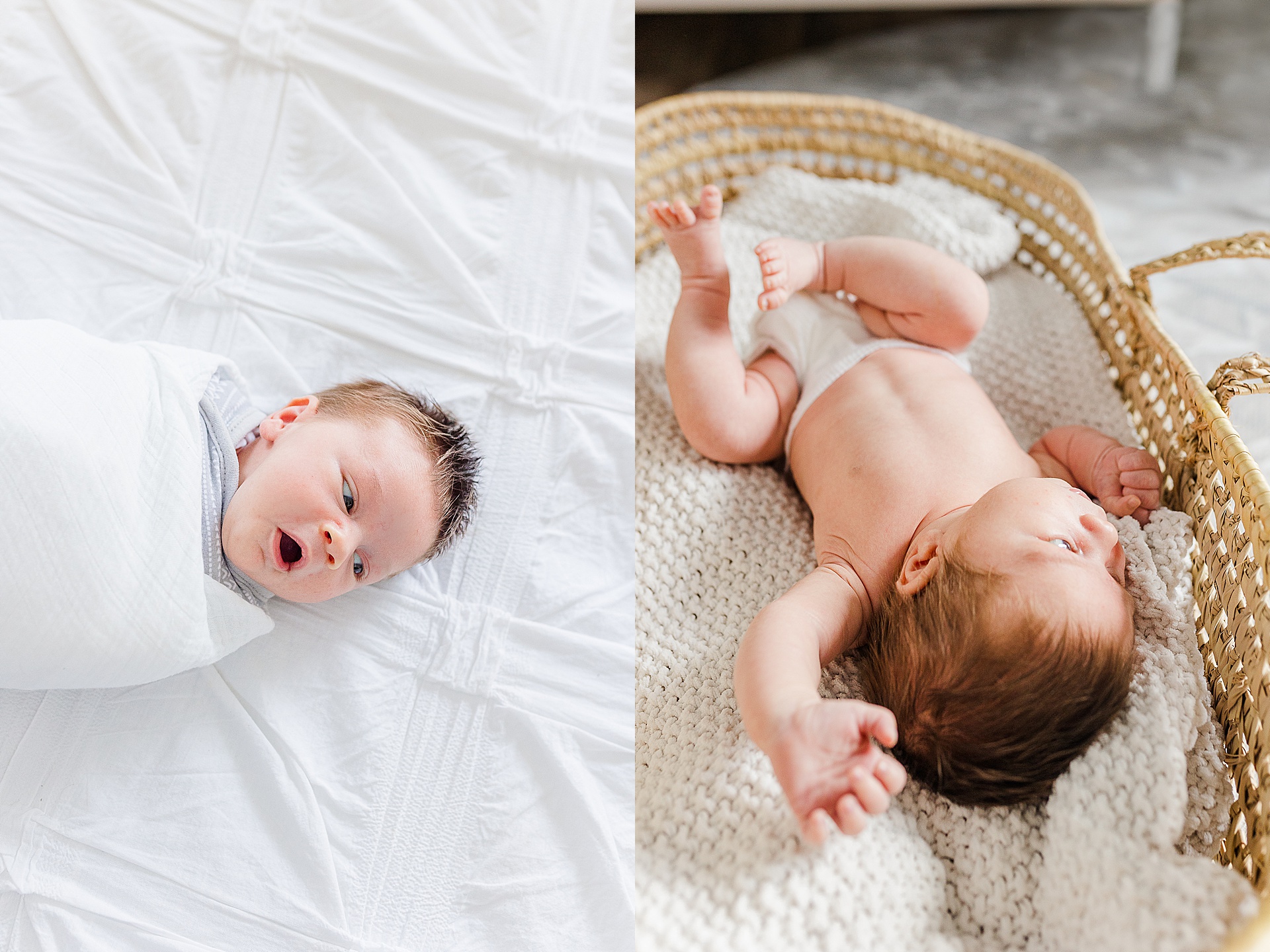 baby yawns laying on bed during in home newborn photo session with Sara Sniderman Photography 