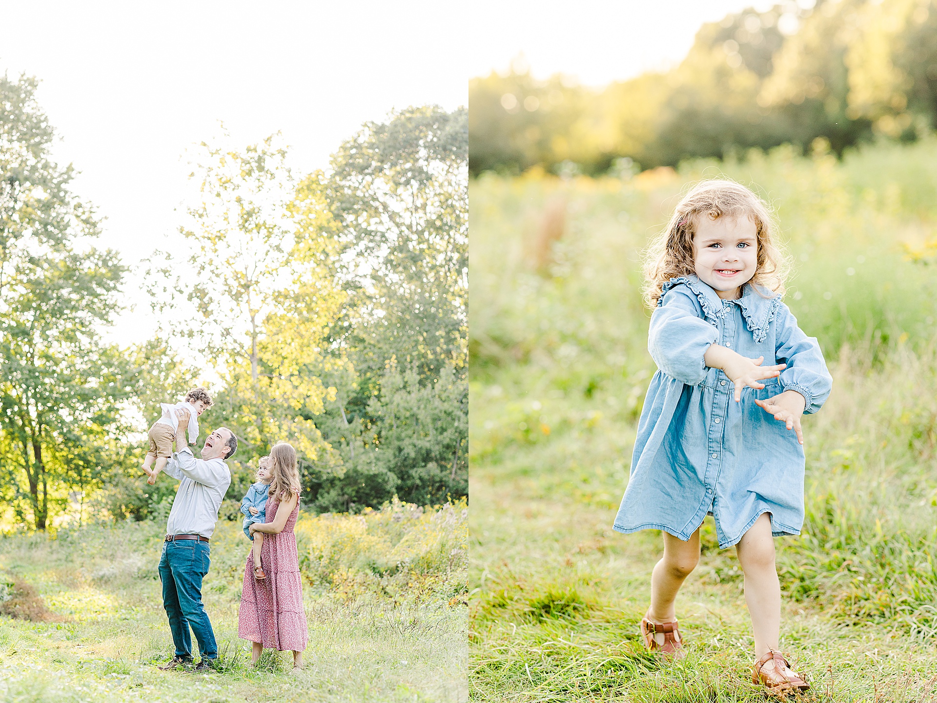 Girl runs in field and family in field during family photo session with Sara Sniderman Photography at Green Way in Wayland Massachusetts
