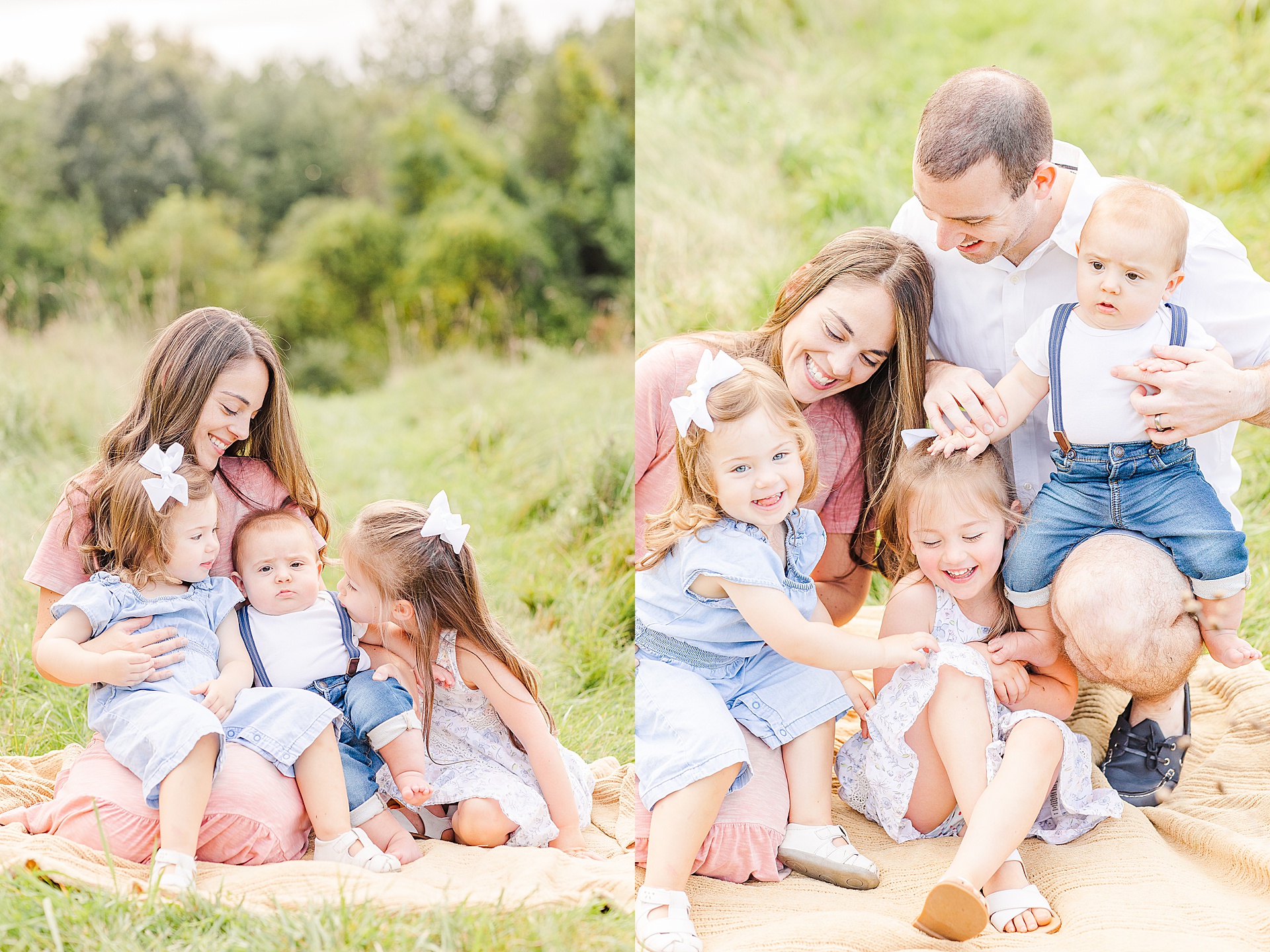 family cuddles during family photo session with Sara Sniderman Photography at Oak Grove Park in Millis Massachusetts