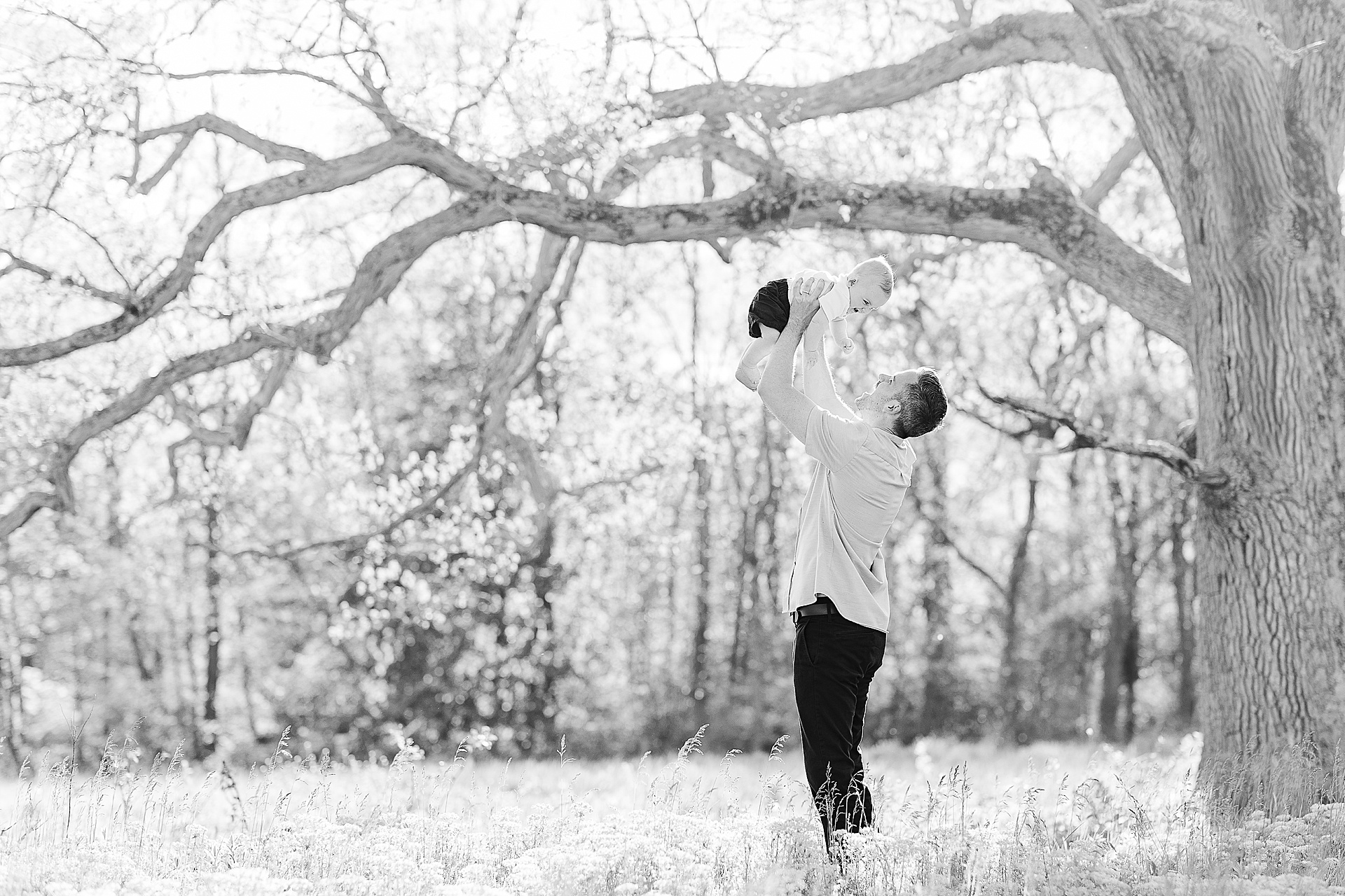 black and white of dad holding son over his head next to large tree during 6 month old photo session with Sara Sniderman Photography at Charles River Peninsula in Needham Massachusetts