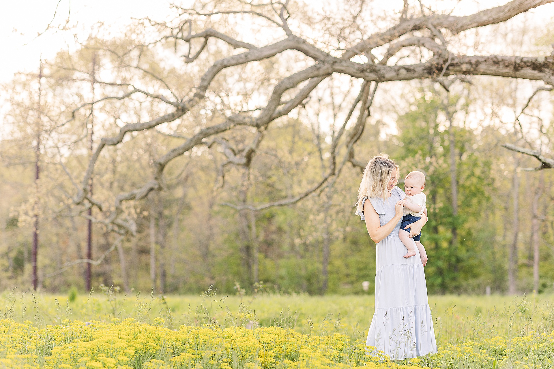 Mom holds baby in field of yellow flowers during 6 month old photo session with Sara Sniderman Photography at Charles River Peninsula in Needham Massachusetts