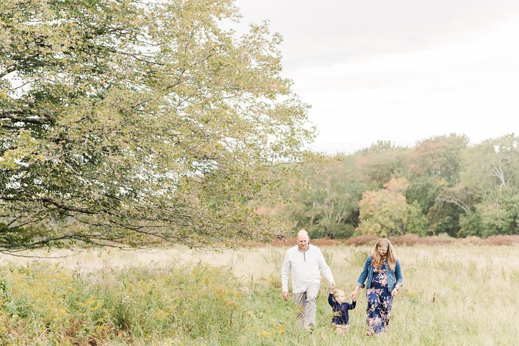 family holds hands and walks through a field during maternity photo session with Sara Sniderman Photography at Cow Common in Wayland Massachusetts