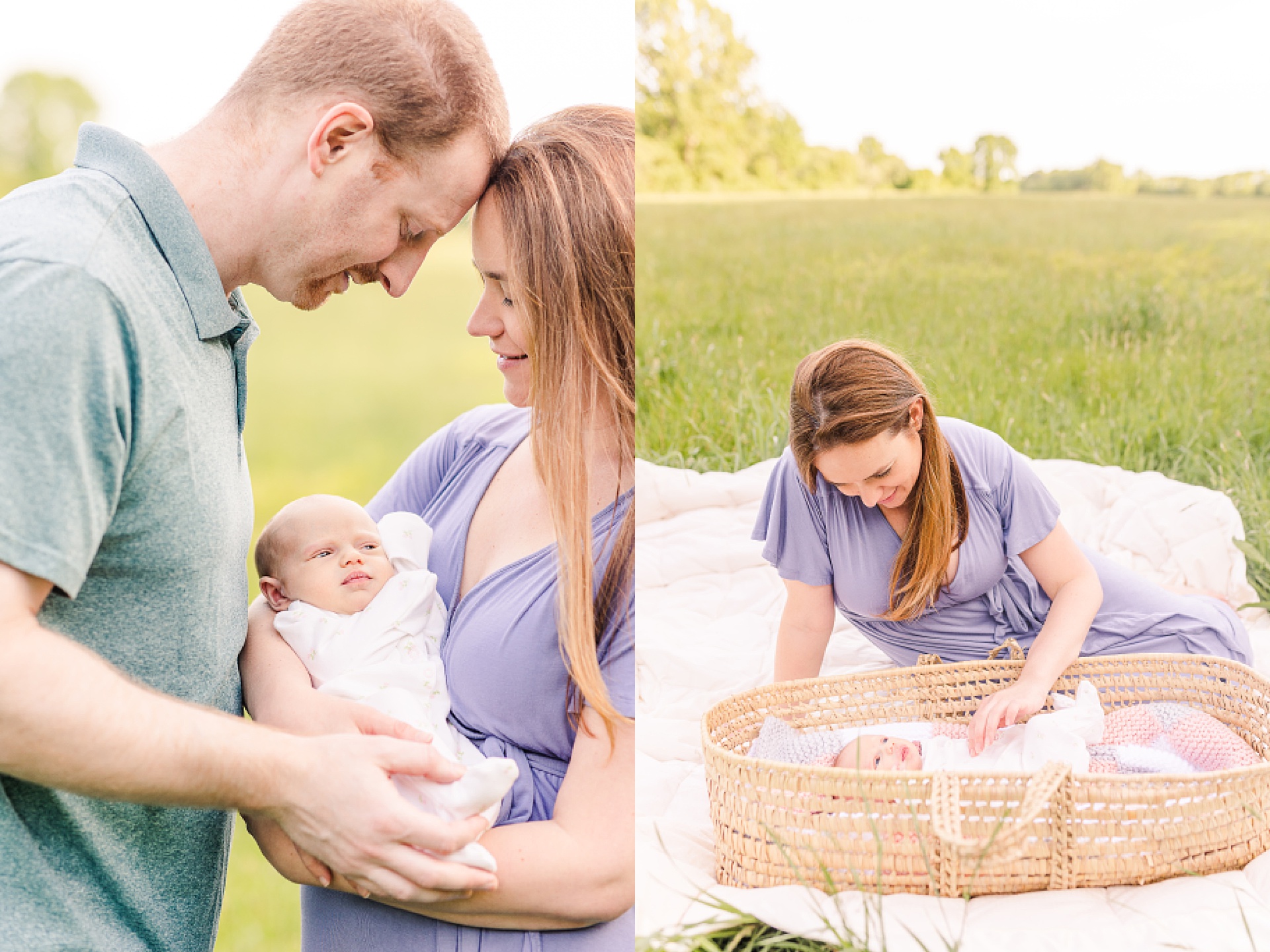 parents hold newborn and mom looks at newborn in basket during outdoor newborn photo session with Sara Sniderman Photography at Heard Farm Wayland Massachusetts