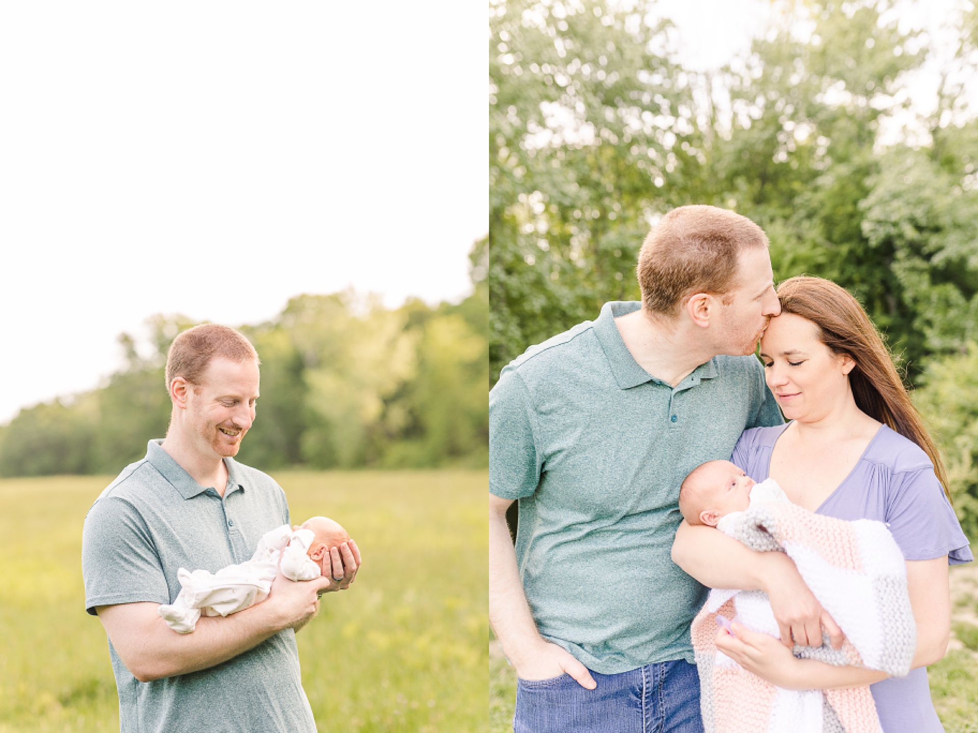 dad holds baby and kisses wife on the forehead during outdoor newborn photo session with Sara Sniderman Photography at Heard Farm Wayland Massachusetts
