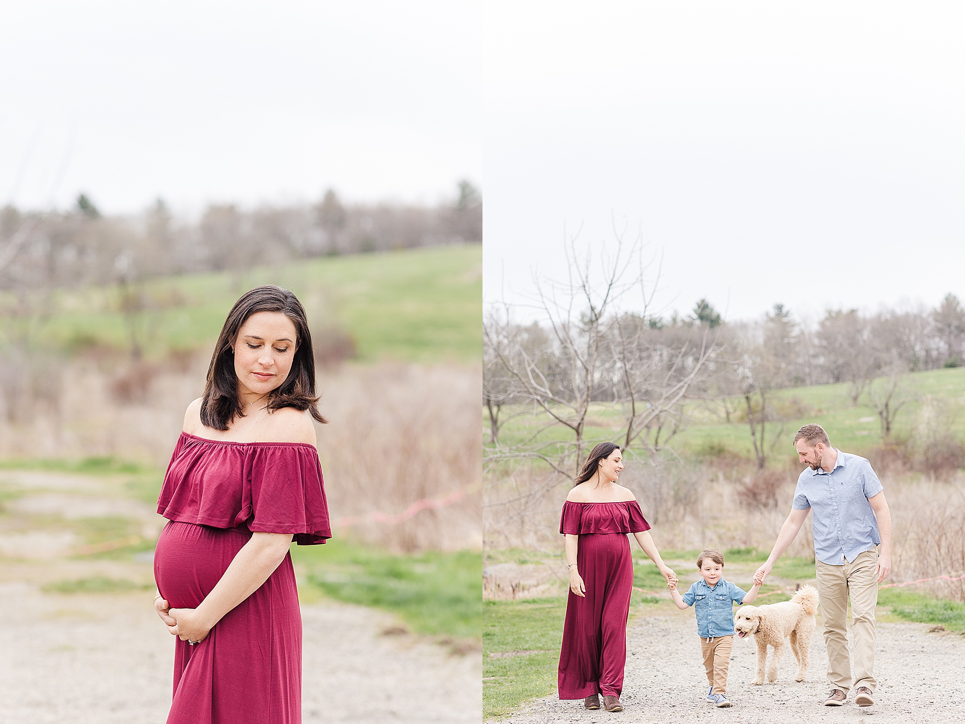 family walks together during maternity photo session with Sara Sniderman Photography at Break Neck Hill southborough Massachusetts