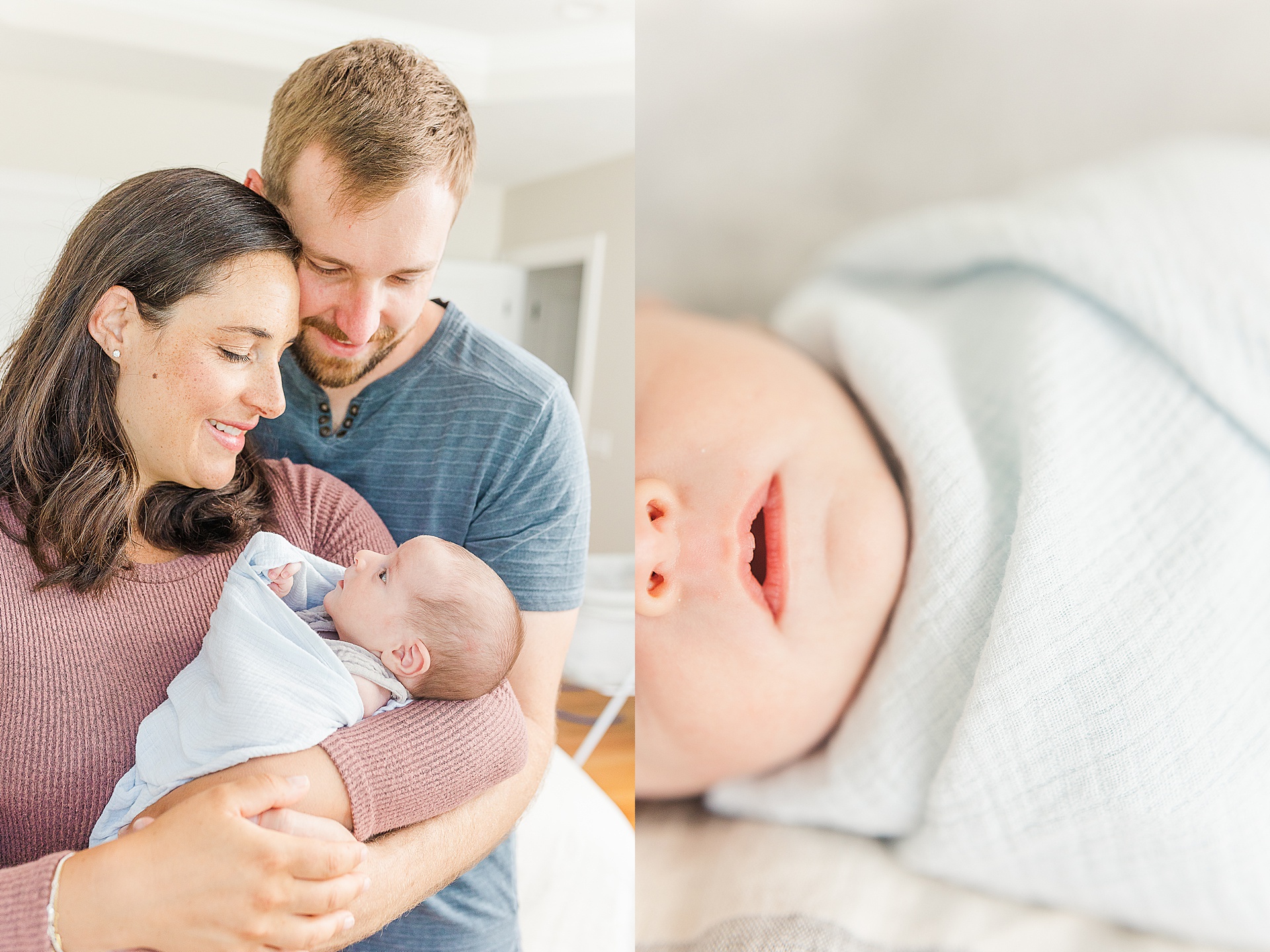 parents hold newborn during in home newborn photo session with Sara Sniderman Photography Southborough Massachusetts