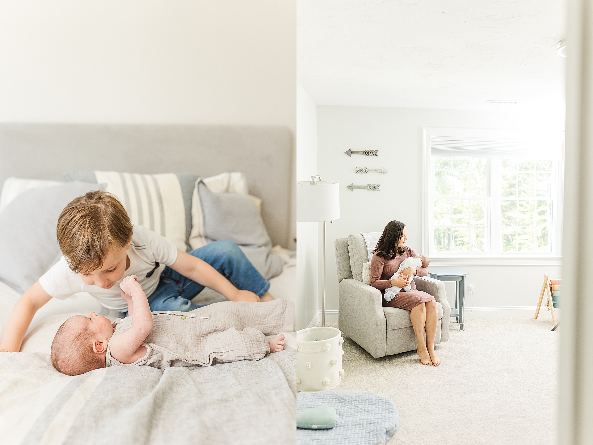 toddler kisses baby during in home newborn photo session with Sara Sniderman Photography Southborough Massachusetts