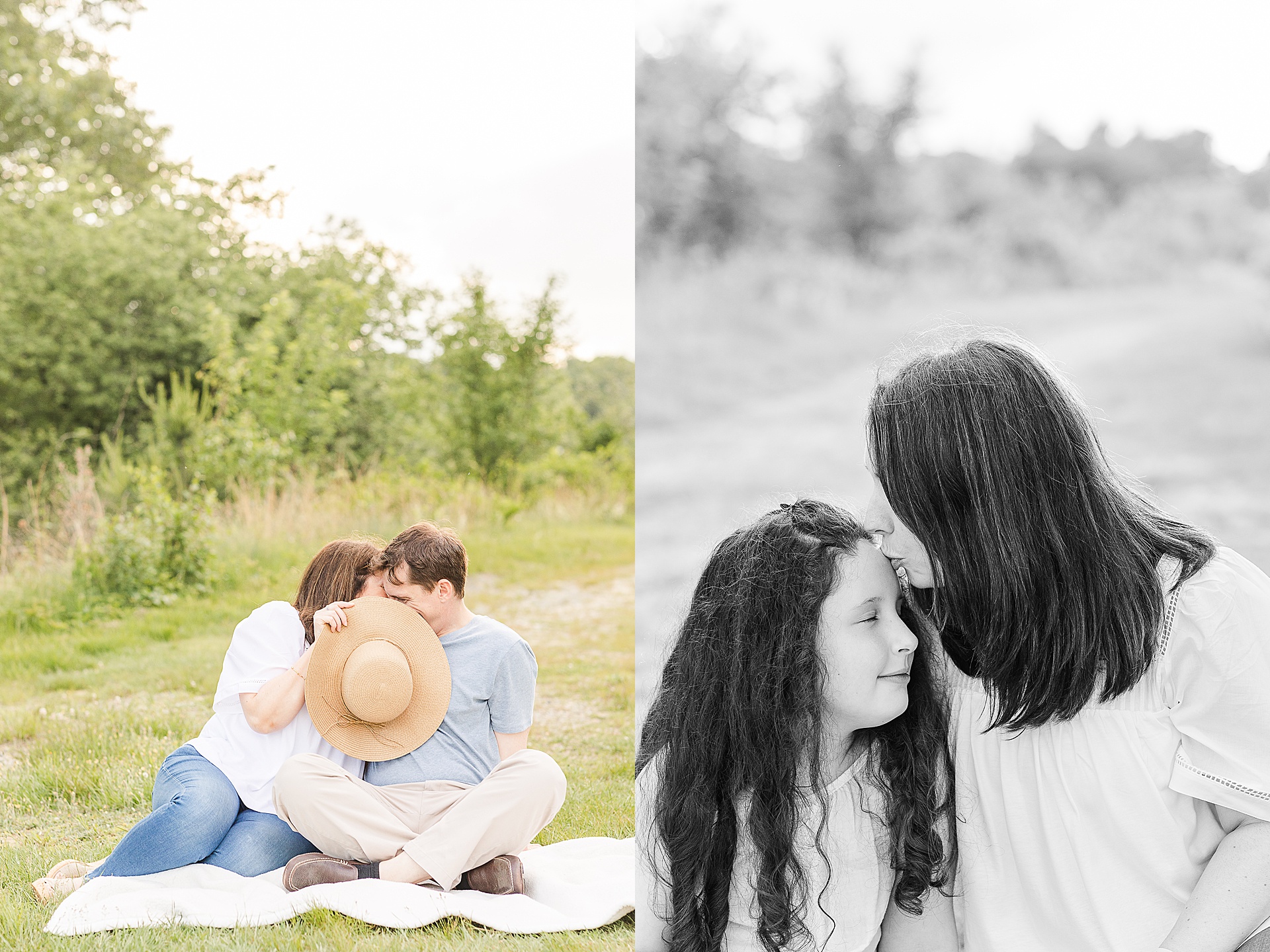 couple kiss behind a hat and black and white of mother and daughter during family photo session with Sara Sniderman Photography at Breakneck Hill Conservation Land, Southborough Massachusetts