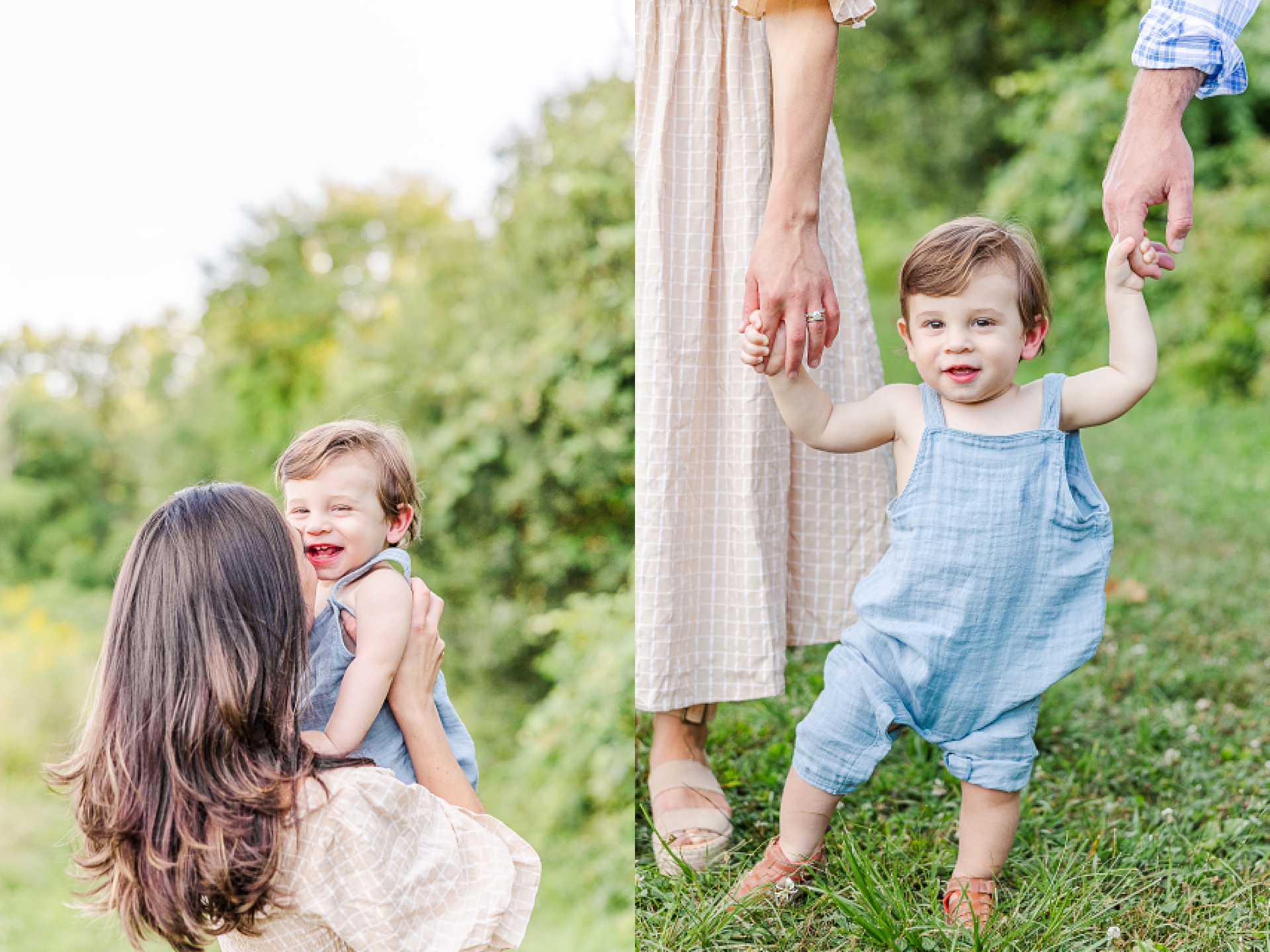 one year old holds parents hands while walking during one year old family photo session with Sara Sniderman Photography at Heard Farm in Wayland Massachusetts