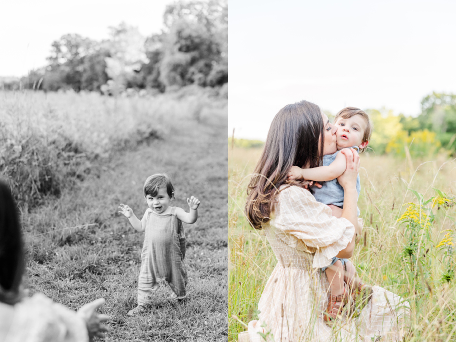boy walks toward mother and mother kisses son in field of wild flowers during one year old family photo session with Sara Sniderman Photography at Heard Farm in Wayland Massachusetts
